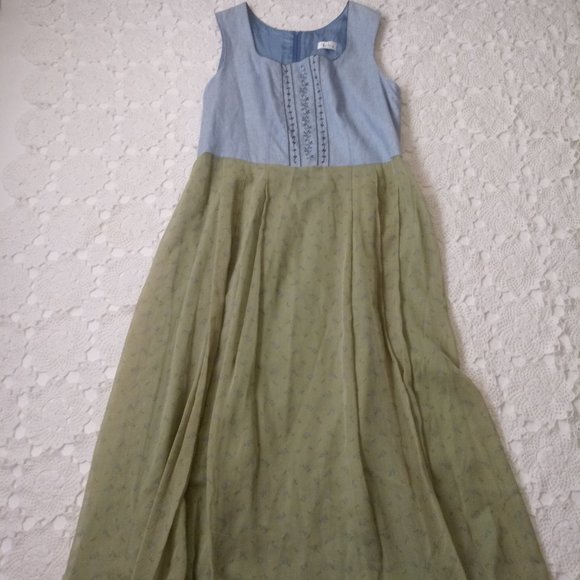 Perry Landhaus Maxi Dress Green Blue Floral Linen Fit Flare Medium Large  Women - Picture 1 of 7